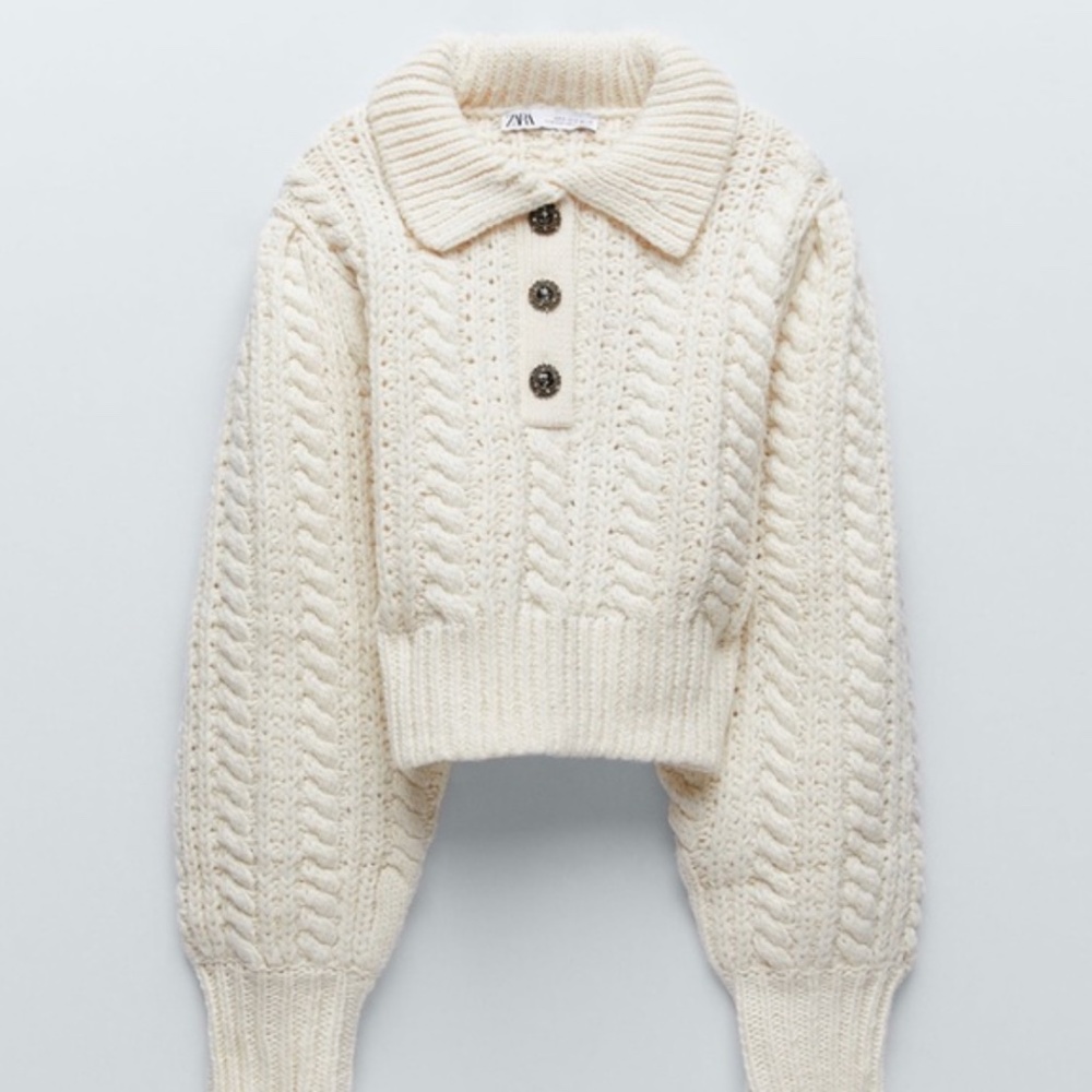 ZARA Cable Knit Cropped Sweater with Gem Buttons